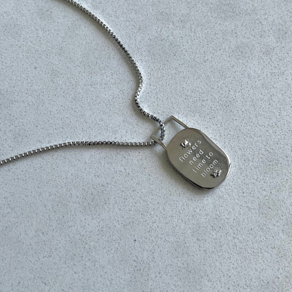 Silver necklace with a dog tag on a light gray background