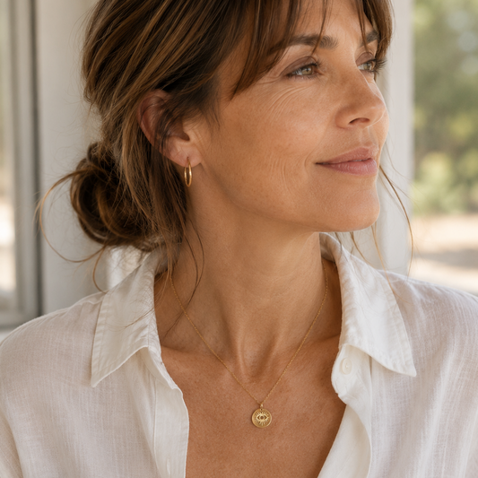 Woman wearing the gold Ayla necklace